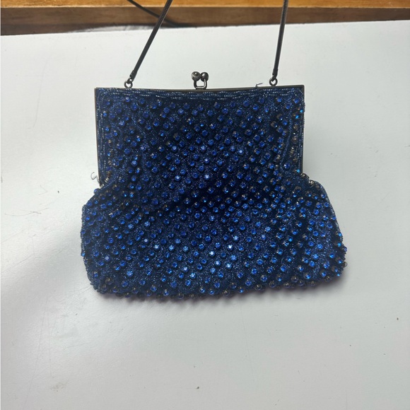 Walborg Vintage Gorgeous Blue Jeweled Silk Satin Liner Kiss Closure Clutch Purse - Picture 7 of 15
